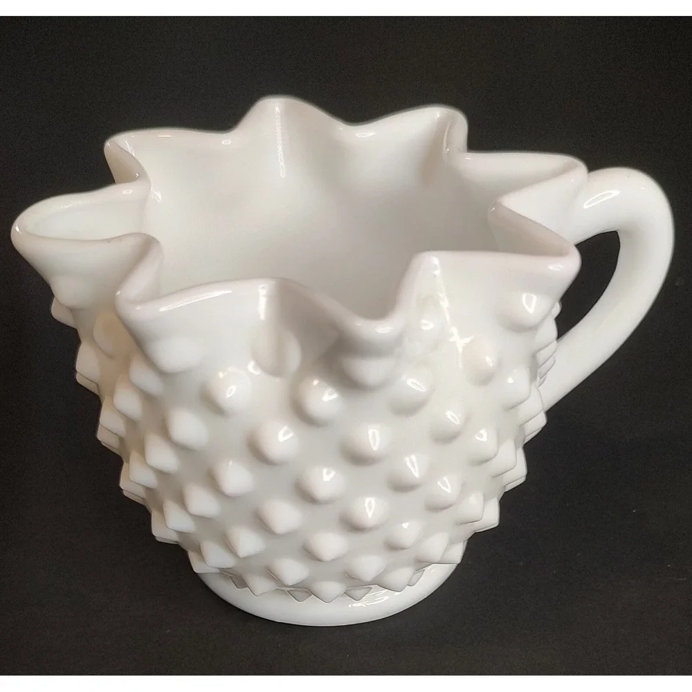 Vintage Fenton Creamer Art‎ Hobnail Milk Glass with Ruffled Edge Cottage Core